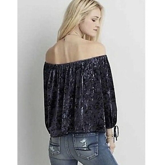 American Eagle Outfitters Blouse Women Small Velour Velvet Blue Peasant Boho Top - Picture 11 of 16